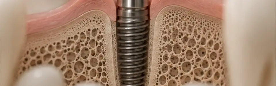 Implant zębowy umieszczony w kości szczęki, schemat anatomiczny
